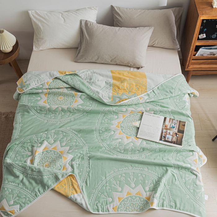 91家纺网 家纺一手货源 找家纺 朴尔家纺-毛巾被 2026新款抽象风格六层纱布毛巾被系列-朴尔经典款常年备货 洛丽塔-浅绿