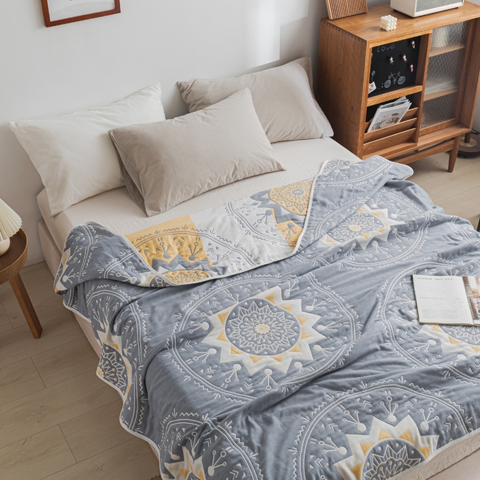 91家纺网 家纺一手货源 找家纺 朴尔家纺-毛巾被 2026新款抽象风格六层纱布毛巾被系列-朴尔经典款常年备货 洛丽塔-蓝