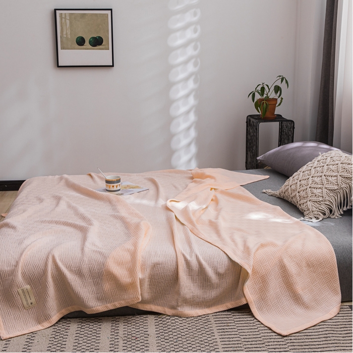 91家纺网 家纺一手货源 找家纺 朴尔家纺-毛巾被 2026新款加厚纯色线毯纱布毛巾被-朴尔经典款常年备货 素色纯棉肌理线毯-嫩粉