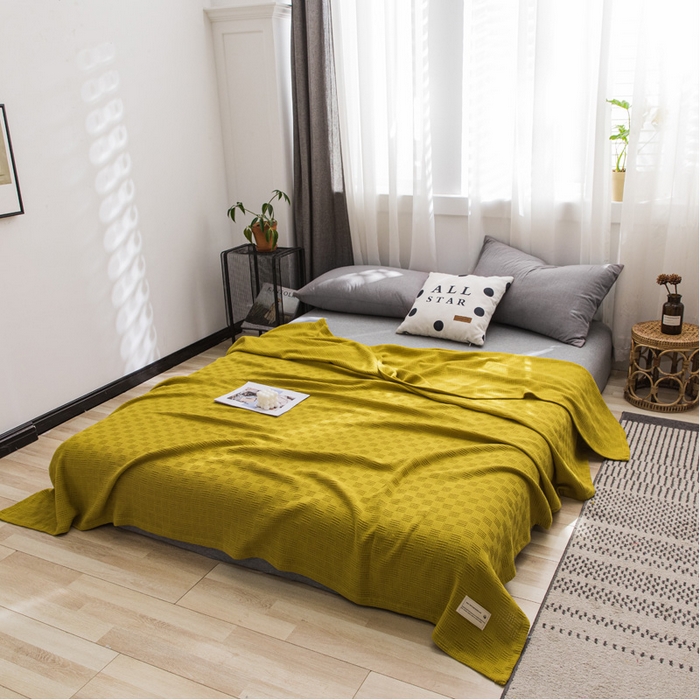 91家纺网 家纺一手货源 找家纺 朴尔家纺-毛巾被 2026新款加厚纯色线毯纱布毛巾被-朴尔经典款常年备货 素色纯棉肌理线毯-深黄