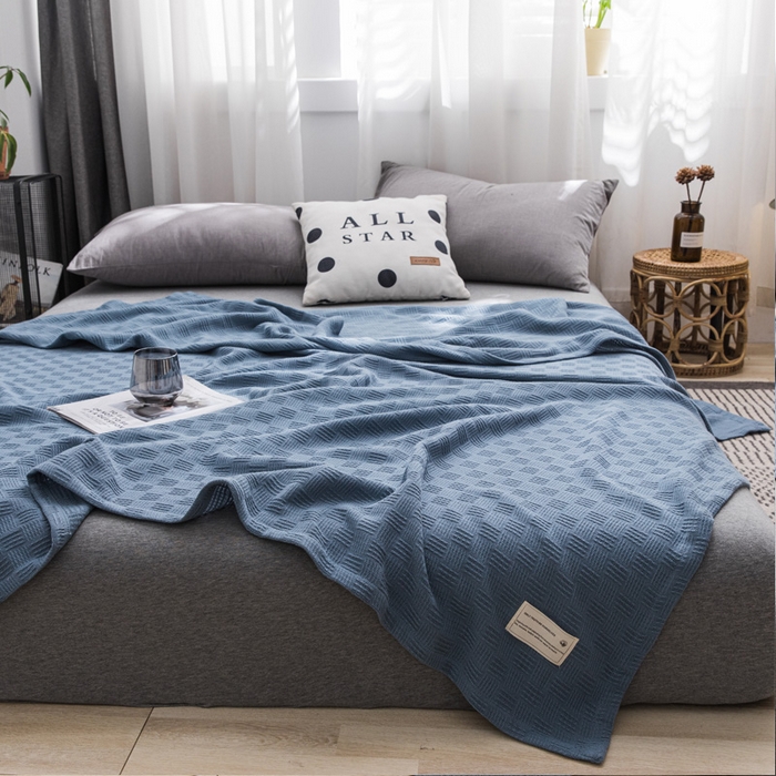 91家纺网 家纺一手货源 找家纺 朴尔家纺-毛巾被 2026新款加厚纯色线毯纱布毛巾被-朴尔经典款常年备货 素色纯棉肌理线毯-深蓝