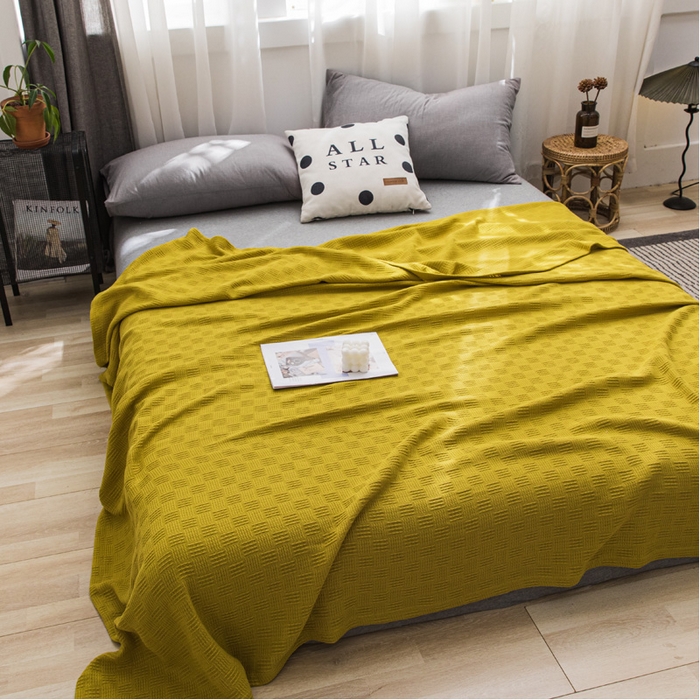 91家纺网 家纺一手货源 找家纺 朴尔家纺-毛巾被 2026新款加厚纯色线毯纱布毛巾被-朴尔经典款常年备货 素色纯棉肌理线毯-深黄