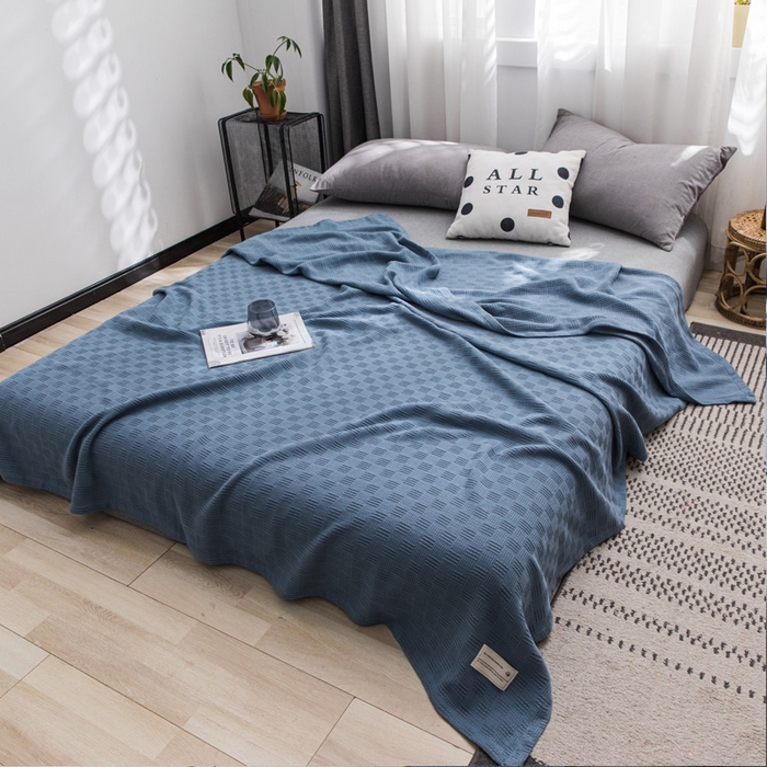 91家纺网 家纺一手货源 找家纺 朴尔家纺-毛巾被 2026新款加厚纯色线毯纱布毛巾被-朴尔经典款常年备货 素色纯棉肌理线毯-深蓝