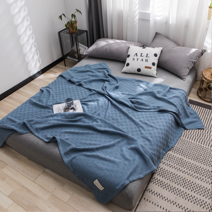 91家纺网 家纺一手货源 找家纺 朴尔家纺-毛巾被 2026新款加厚纯色线毯纱布毛巾被-朴尔经典款常年备货 素色纯棉肌理线毯-深蓝