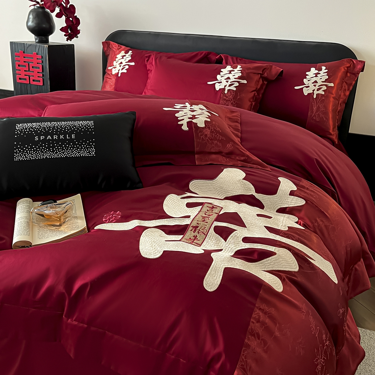 91家纺网 家纺一手货源 找家纺 置顶家纺 2026新款喜至亲肤提花刺绣婚庆系列四件套 喜至-酒红