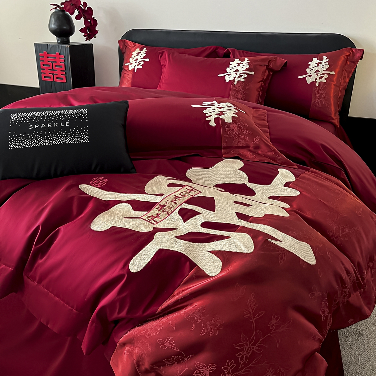 91家纺网 家纺一手货源 找家纺 置顶家纺 2026新款喜至亲肤提花刺绣婚庆系列四件套 喜至-酒红