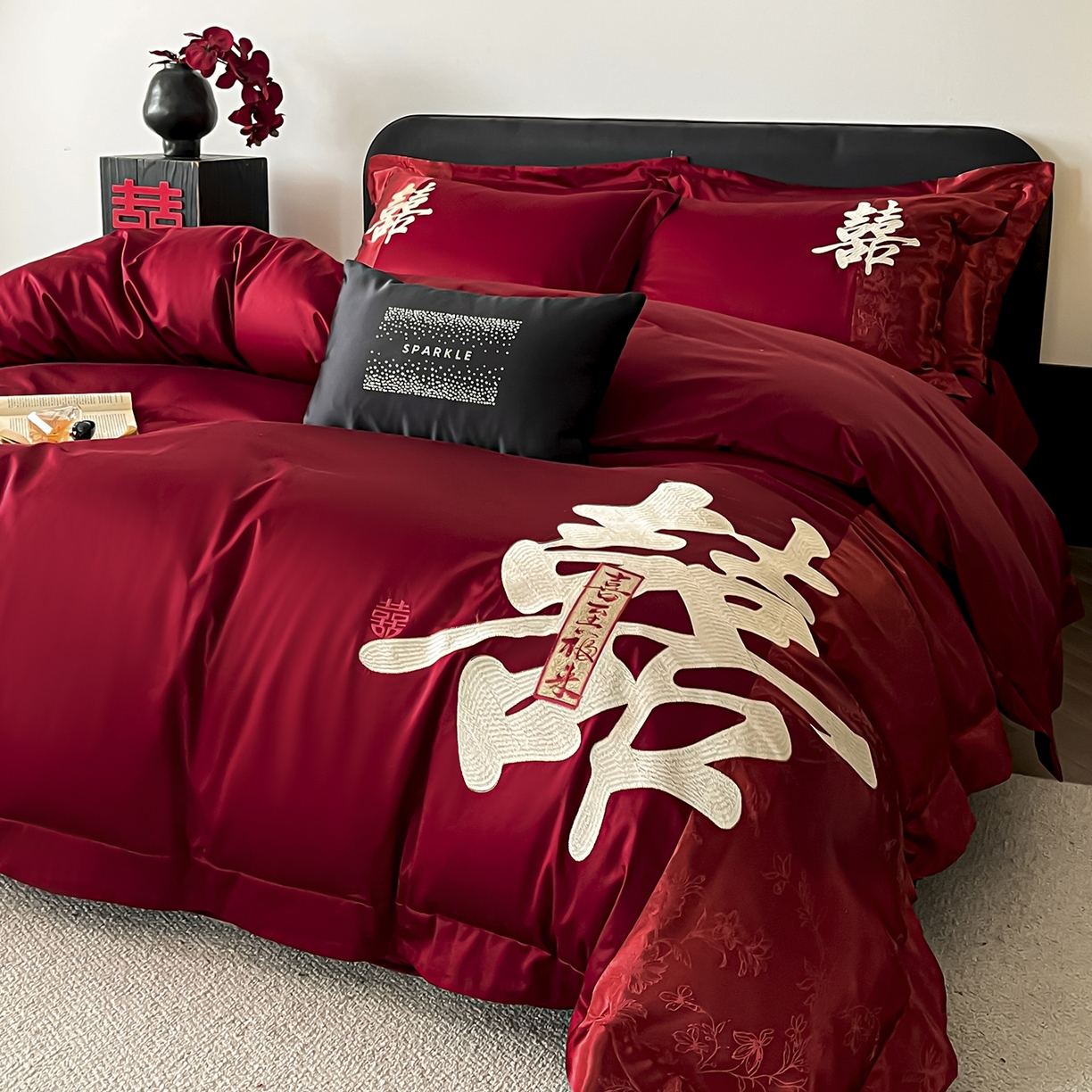 91家纺网 家纺一手货源 找家纺 置顶家纺 2026新款喜至亲肤提花刺绣婚庆系列四件套 喜至-酒红