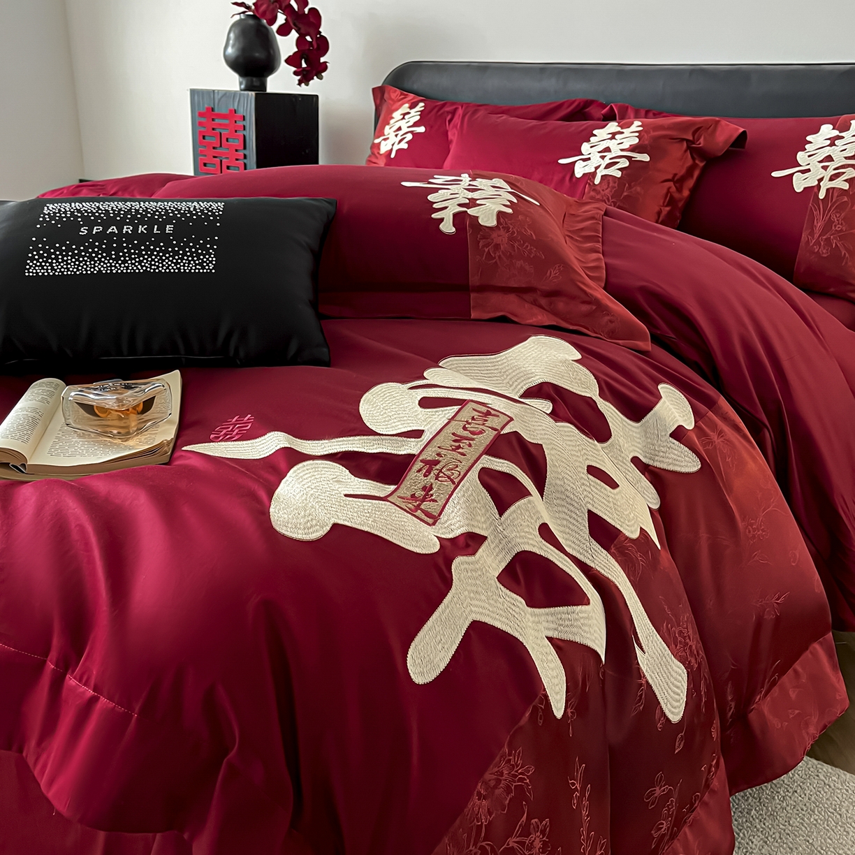 91家纺网 家纺一手货源 找家纺 置顶家纺 2026新款喜至亲肤提花刺绣婚庆系列四件套 喜至-酒红