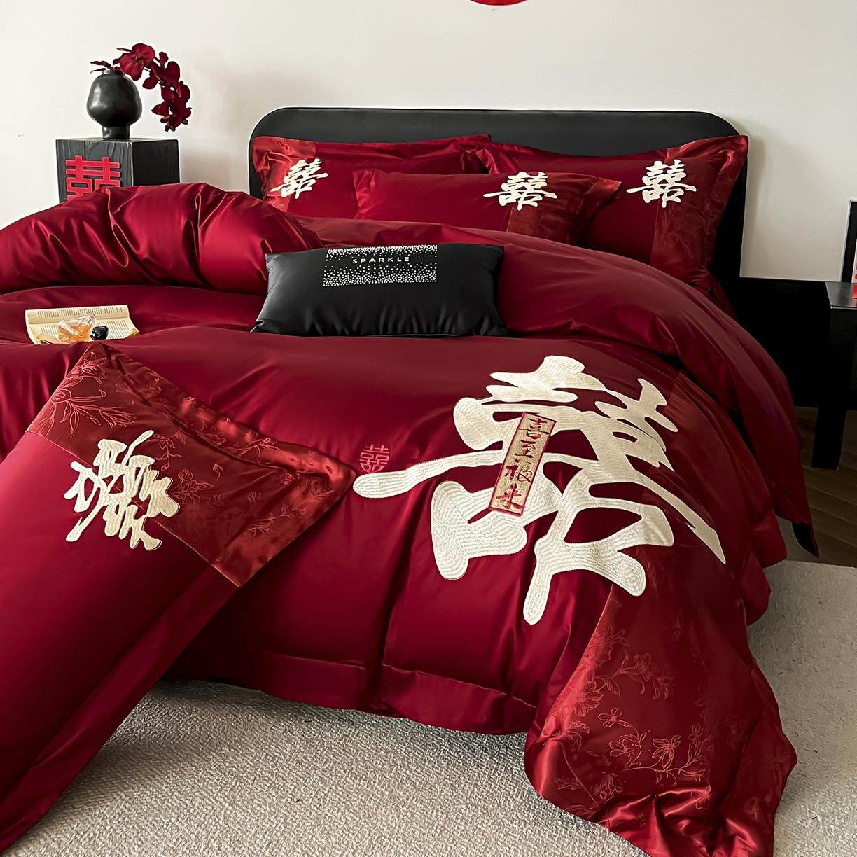 91家纺网 家纺一手货源 找家纺 置顶家纺 2026新款喜至亲肤提花刺绣婚庆系列四件套 喜至-酒红