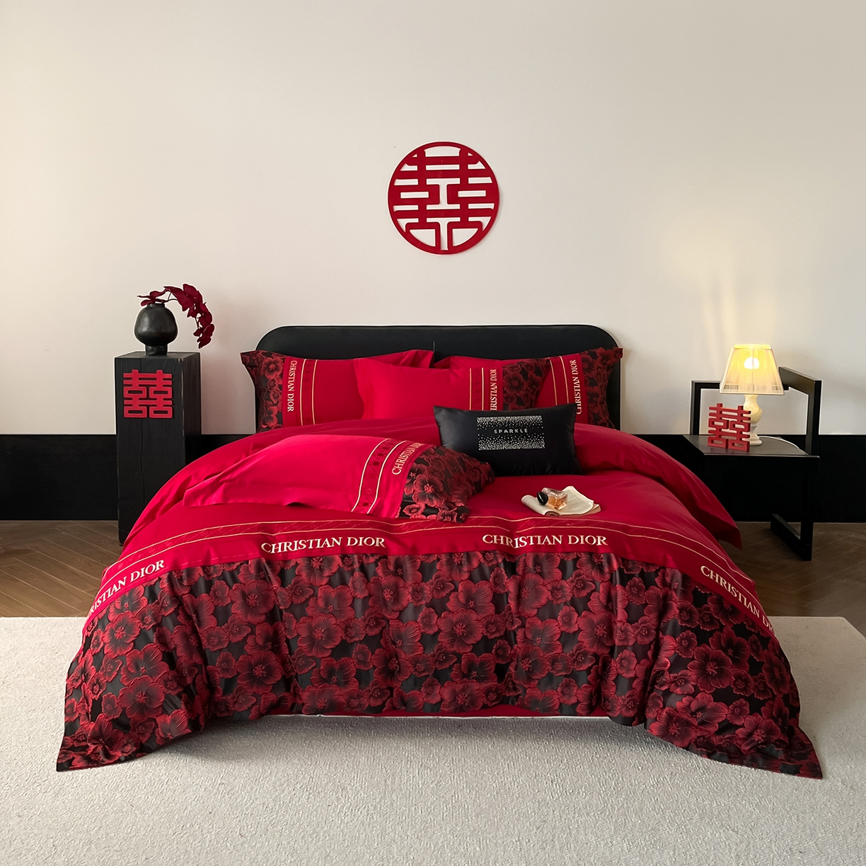 置顶家纺 2026新款爱意亲肤提花刺绣婚庆系列四件套 点爱-大红