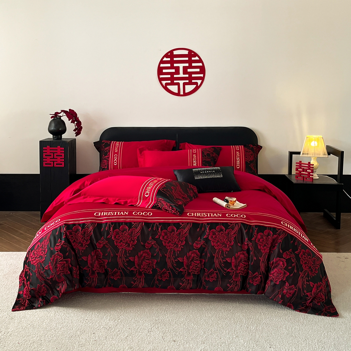 置顶家纺 2026新款爱意亲肤提花刺绣婚庆系列四件套 爱意-大红