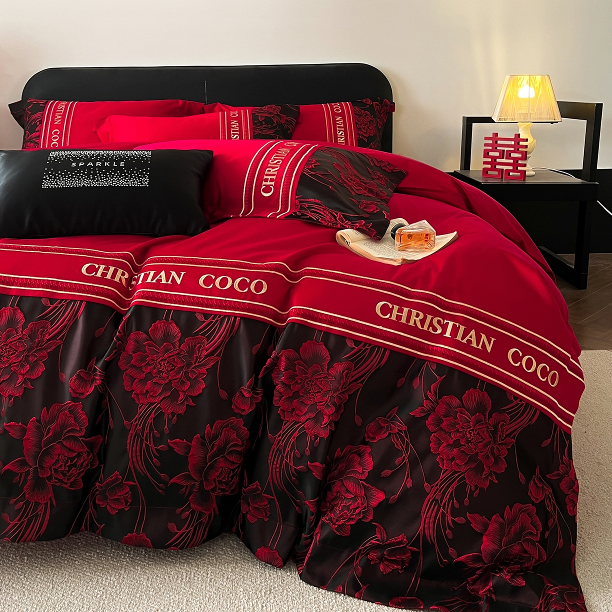 91家纺网 家纺一手货源 找家纺 置顶家纺 2026新款爱意亲肤提花刺绣婚庆系列四件套 爱意-大红