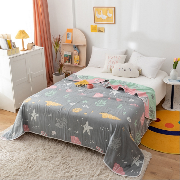 91家纺网 家纺一手货源 找家纺 朴尔家纺-毛巾被 2026新款卡漫风格全棉六层纱毛巾被 海底世界-灰