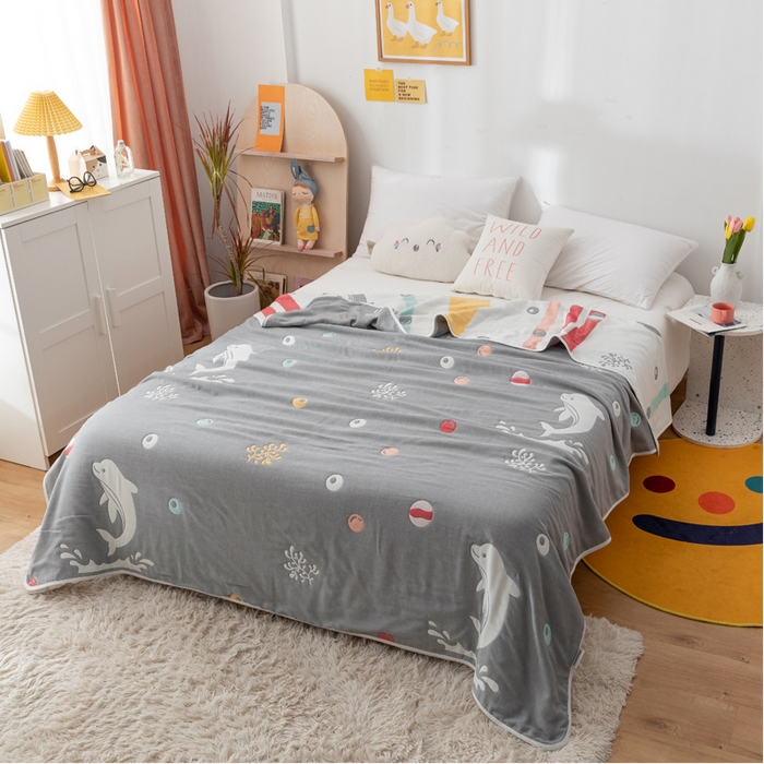 91家纺网 家纺一手货源 找家纺 朴尔家纺-毛巾被 2026新款卡漫风格全棉六层纱毛巾被 海洋乐园-灰