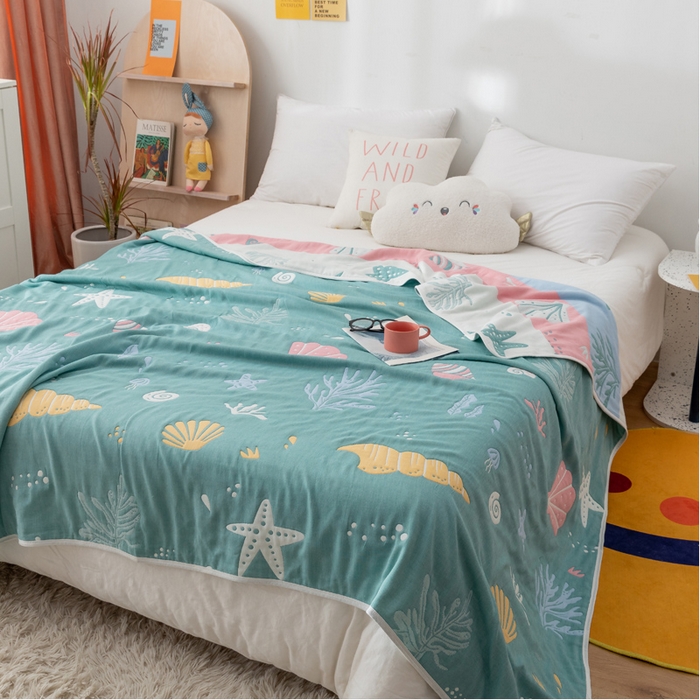 91家纺网 家纺一手货源 找家纺 朴尔家纺-毛巾被 2026新款卡漫风格全棉六层纱毛巾被 海底世界-绿