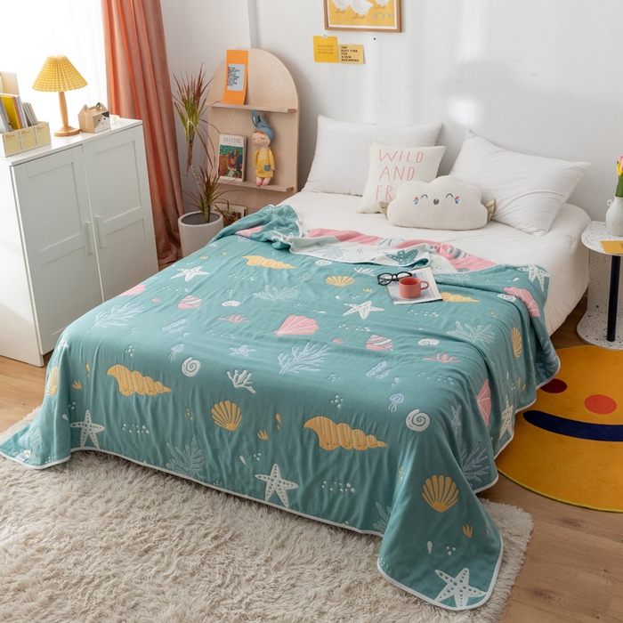 朴尔家纺-毛巾被 2026新款卡漫风格全棉六层纱毛巾被 海底世界-绿