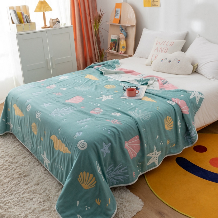 91家纺网 家纺一手货源 找家纺 朴尔家纺-毛巾被 2026新款卡漫风格全棉六层纱毛巾被 海底世界-绿