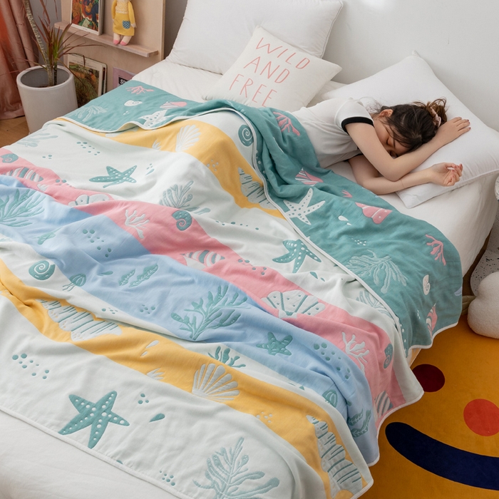 91家纺网 家纺一手货源 找家纺 朴尔家纺-毛巾被 2026新款卡漫风格全棉六层纱毛巾被 海底世界-绿