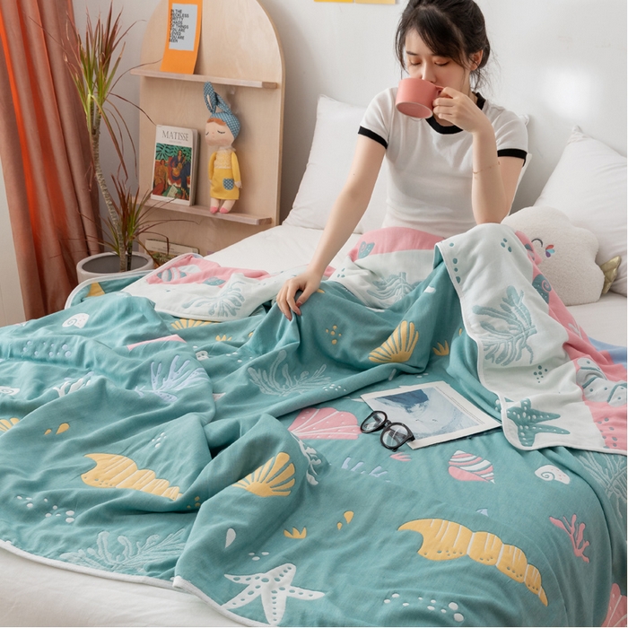 91家纺网 家纺一手货源 找家纺 朴尔家纺-毛巾被 2026新款卡漫风格全棉六层纱毛巾被 海底世界-绿