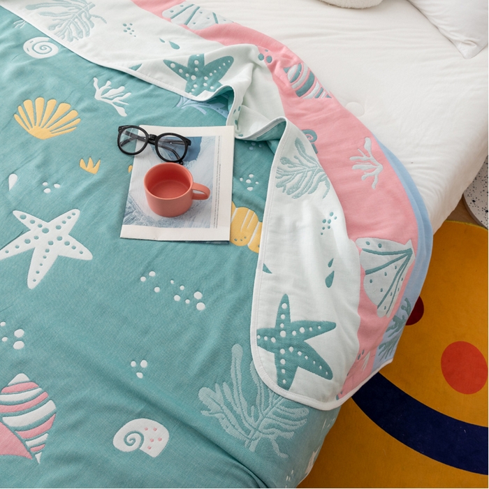 91家纺网 家纺一手货源 找家纺 朴尔家纺-毛巾被 2026新款卡漫风格全棉六层纱毛巾被 海底世界-绿