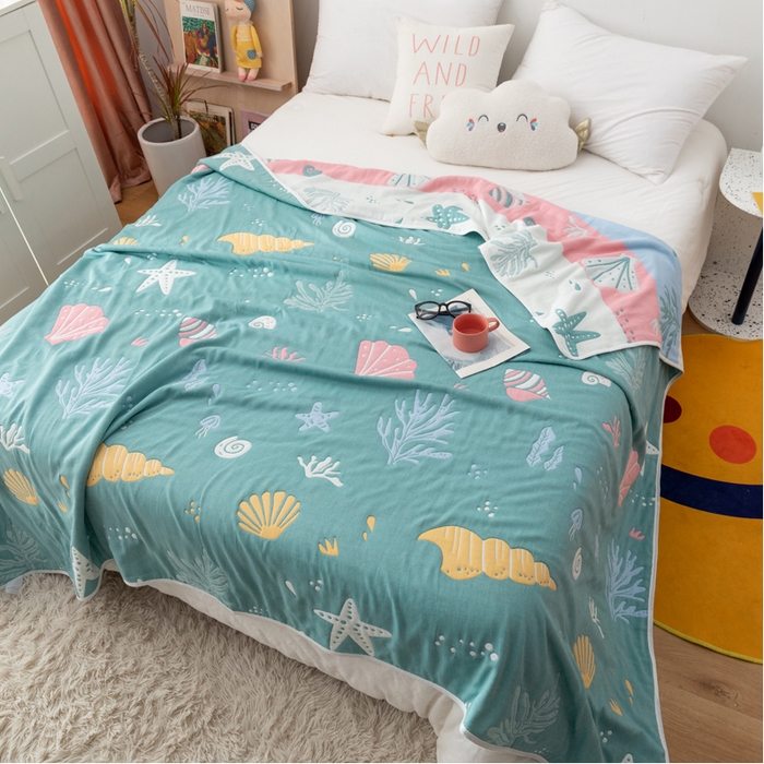 91家纺网 家纺一手货源 找家纺 朴尔家纺-毛巾被 2026新款卡漫风格全棉六层纱毛巾被 海底世界-绿