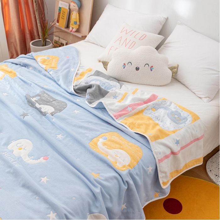 91家纺网 家纺一手货源 找家纺 朴尔家纺-毛巾被 2026新款卡漫风格全棉六层纱毛巾被 长鼻象-兰