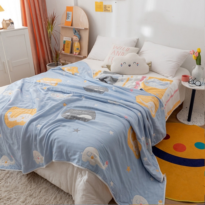 91家纺网 家纺一手货源 找家纺 朴尔家纺-毛巾被 2026新款卡漫风格全棉六层纱毛巾被 长鼻象-兰