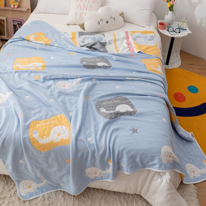 91家纺网 家纺一手货源 找家纺 朴尔家纺-毛巾被 2026新款卡漫风格全棉六层纱毛巾被 长鼻象-兰