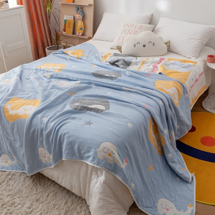 91家纺网 家纺一手货源 找家纺 朴尔家纺-毛巾被 2026新款卡漫风格全棉六层纱毛巾被 长鼻象-兰