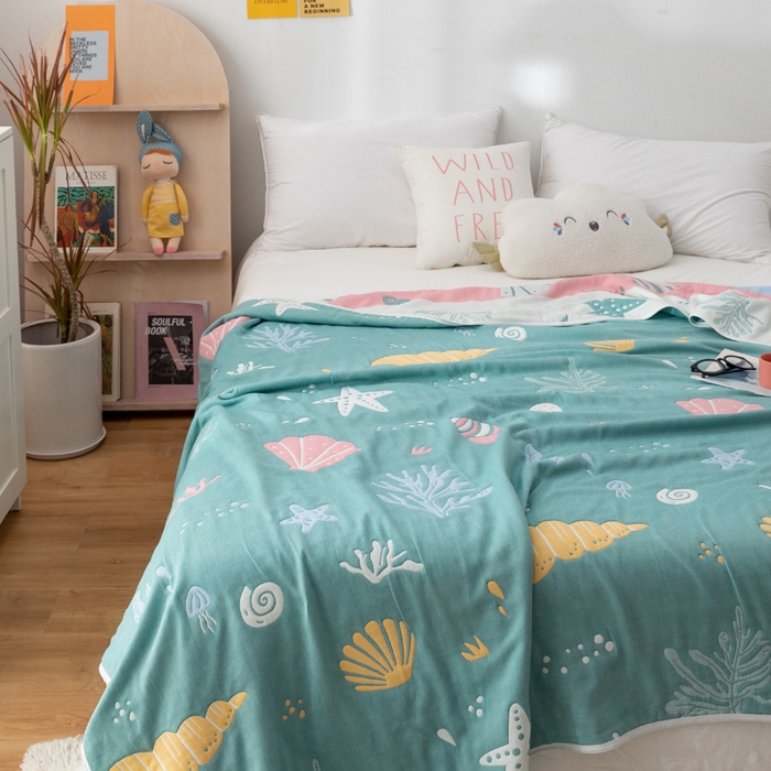 91家纺网 家纺一手货源 找家纺 朴尔家纺-毛巾被 2026新款卡漫风格全棉六层纱毛巾被 海底世界-绿