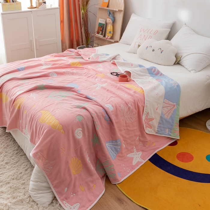 91家纺网 家纺一手货源 找家纺 朴尔家纺-毛巾被 2026新款卡漫风格全棉六层纱毛巾被 海底世界-粉