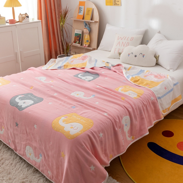 91家纺网 家纺一手货源 找家纺 朴尔家纺-毛巾被 2026新款卡漫风格全棉六层纱毛巾被 长鼻象-粉