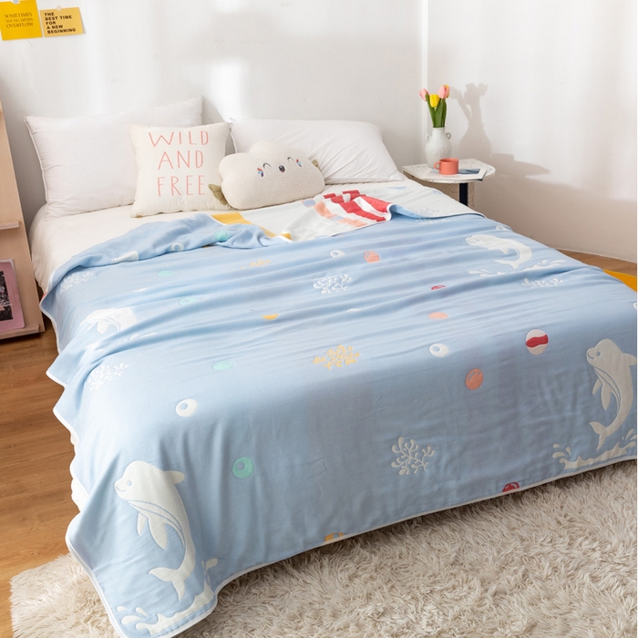 91家纺网 家纺一手货源 找家纺 朴尔家纺-毛巾被 2026新款卡漫风格全棉六层纱毛巾被 海洋乐园-兰