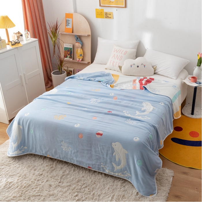 朴尔家纺-毛巾被 2026新款卡漫风格全棉六层纱毛巾被 海洋乐园-兰