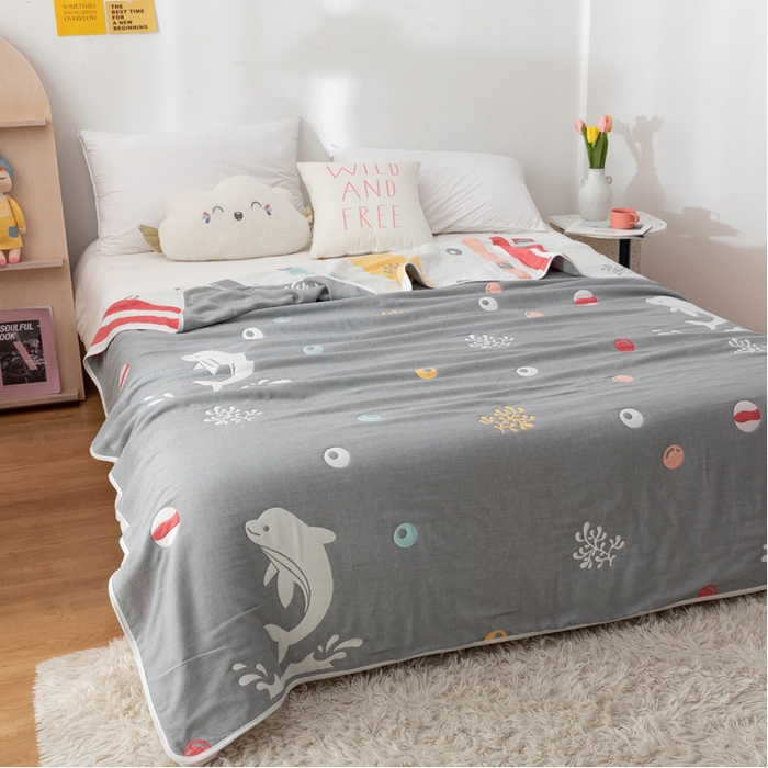 91家纺网 家纺一手货源 找家纺 朴尔家纺-毛巾被 2026新款卡漫风格全棉六层纱毛巾被 海洋乐园-灰