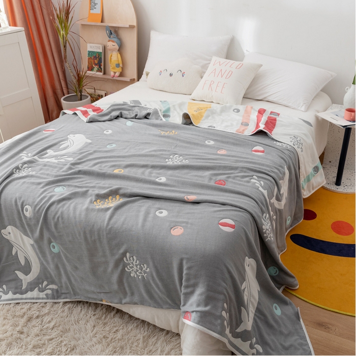 91家纺网 家纺一手货源 找家纺 朴尔家纺-毛巾被 2026新款卡漫风格全棉六层纱毛巾被 海洋乐园-灰