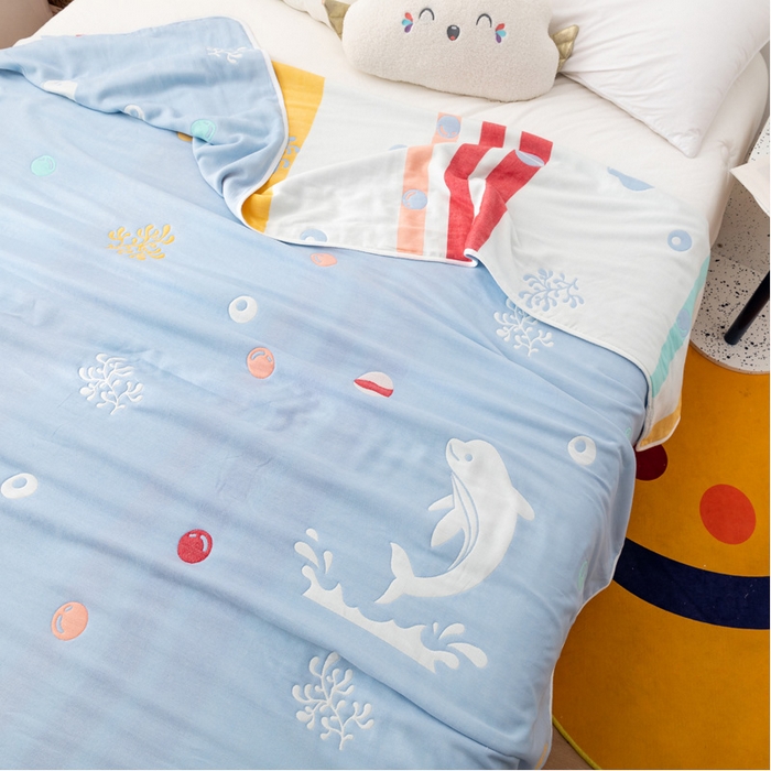 91家纺网 家纺一手货源 找家纺 朴尔家纺-毛巾被 2026新款卡漫风格全棉六层纱毛巾被 海洋乐园-兰