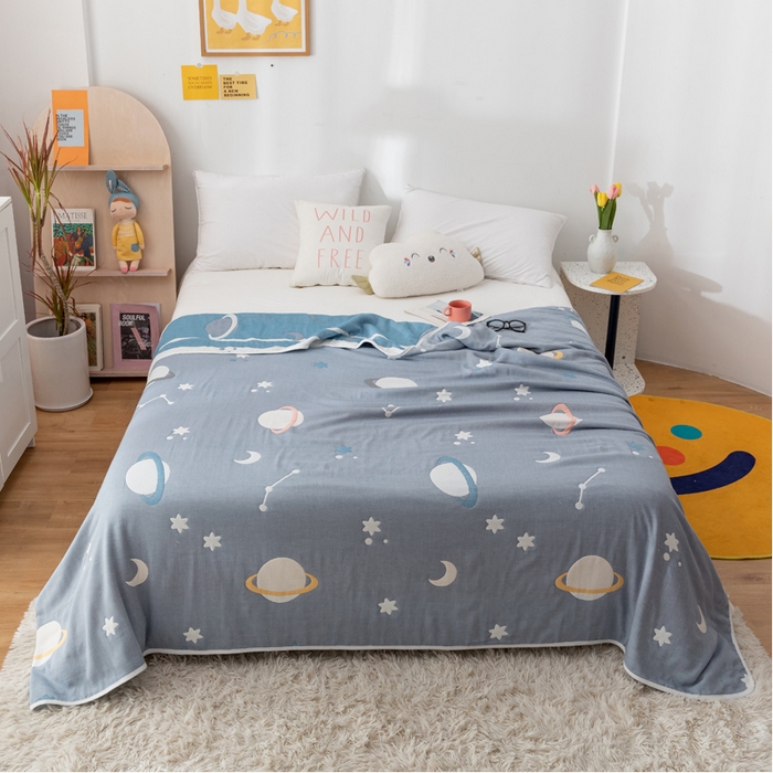 91家纺网 家纺一手货源 找家纺 朴尔家纺-毛巾被 2026新款卡漫风格全棉六层纱毛巾被 浩瀚宇宙-兰