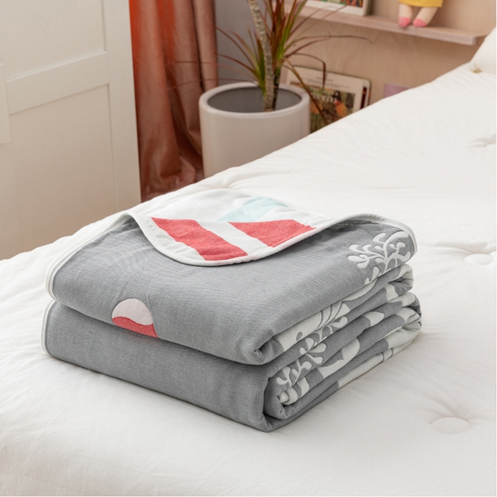 91家纺网 家纺一手货源 找家纺 朴尔家纺-毛巾被 2026新款卡漫风格全棉六层纱毛巾被 海洋乐园-灰