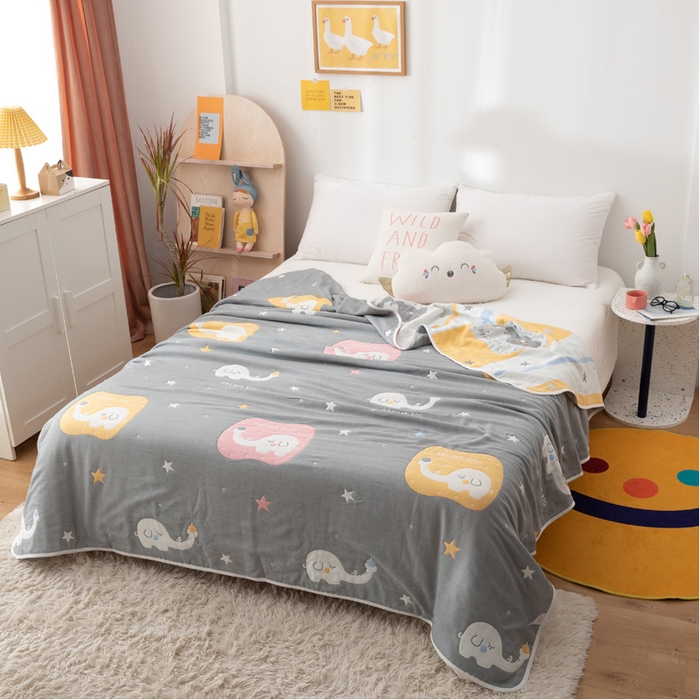 朴尔家纺-毛巾被 2026新款卡漫风格全棉六层纱毛巾被 长鼻象-灰