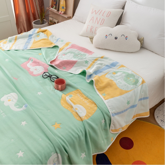 91家纺网 家纺一手货源 找家纺 朴尔家纺-毛巾被 2026新款卡漫风格全棉六层纱毛巾被 长鼻象-绿