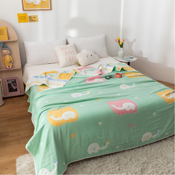 91家纺网 家纺一手货源 找家纺 朴尔家纺-毛巾被 2026新款卡漫风格全棉六层纱毛巾被 长鼻象-绿