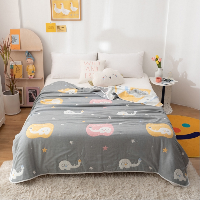 91家纺网 家纺一手货源 找家纺 朴尔家纺-毛巾被 2026新款卡漫风格全棉六层纱毛巾被 长鼻象-灰