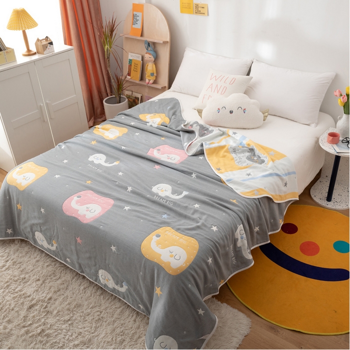 91家纺网 家纺一手货源 找家纺 朴尔家纺-毛巾被 2026新款卡漫风格全棉六层纱毛巾被 长鼻象-灰