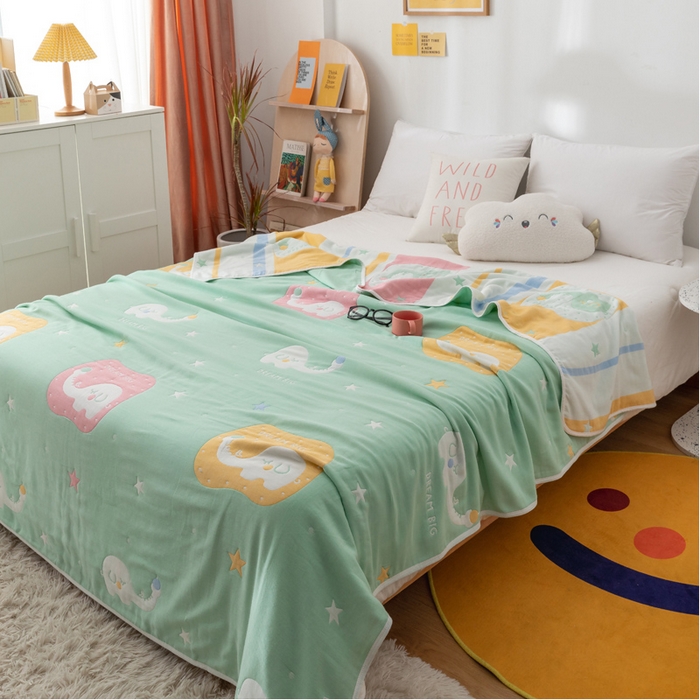 91家纺网 家纺一手货源 找家纺 朴尔家纺-毛巾被 2026新款卡漫风格全棉六层纱毛巾被 长鼻象-绿