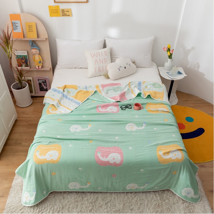 91家纺网 家纺一手货源 找家纺 朴尔家纺-毛巾被 2026新款卡漫风格全棉六层纱毛巾被 长鼻象-绿