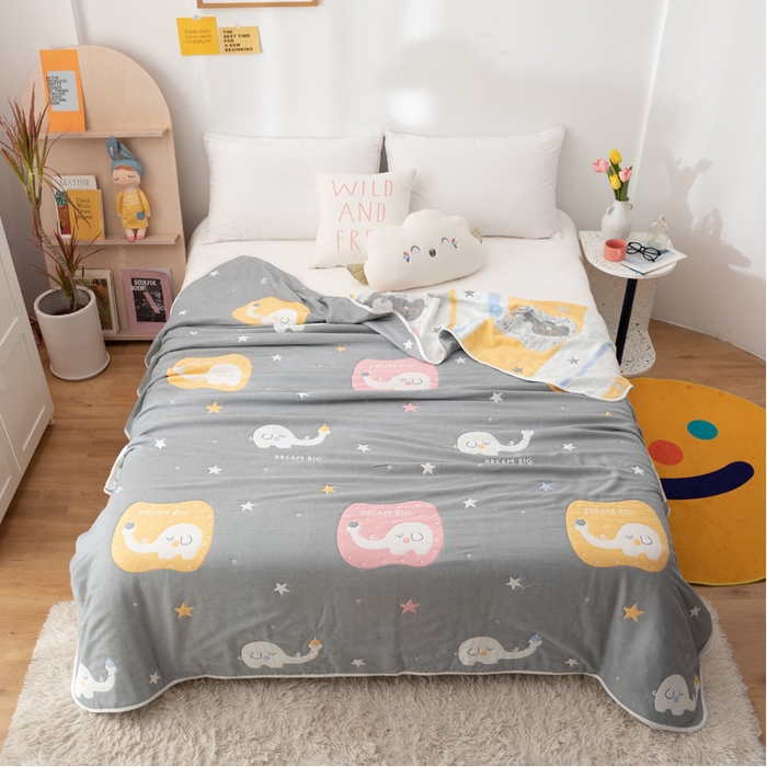 91家纺网 家纺一手货源 找家纺 朴尔家纺-毛巾被 2026新款卡漫风格全棉六层纱毛巾被 长鼻象-灰