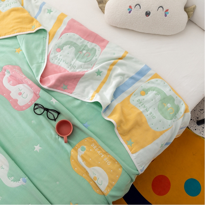 91家纺网 家纺一手货源 找家纺 朴尔家纺-毛巾被 2026新款卡漫风格全棉六层纱毛巾被 长鼻象-绿