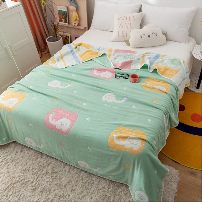 91家纺网 家纺一手货源 找家纺 朴尔家纺-毛巾被 2026新款卡漫风格全棉六层纱毛巾被 长鼻象-绿