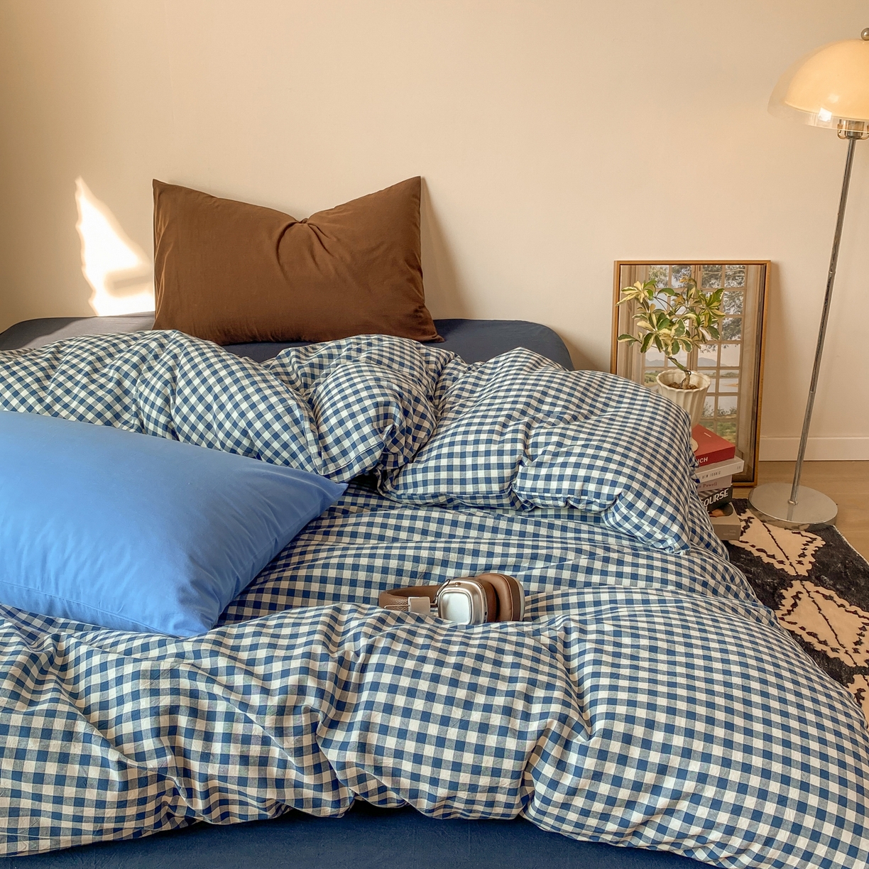 91家纺网 家纺一手货源 找家纺 对白 2026新款全棉纯棉色织水洗棉四件套-极简格子冰川孤岛系列 海上孤岛